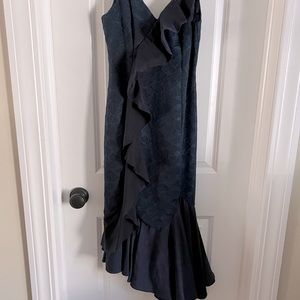 C/ Meo designer navy lace and ruffle asymmetrical calf length dress in small